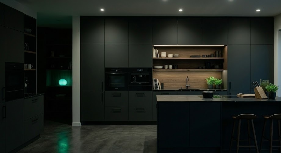 Cuisine aux façades noir mat relookées avec un film covering Coverstyle