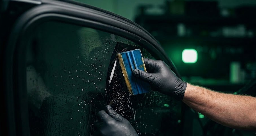 Technicien posant un film teinté sur une vitre de véhicule